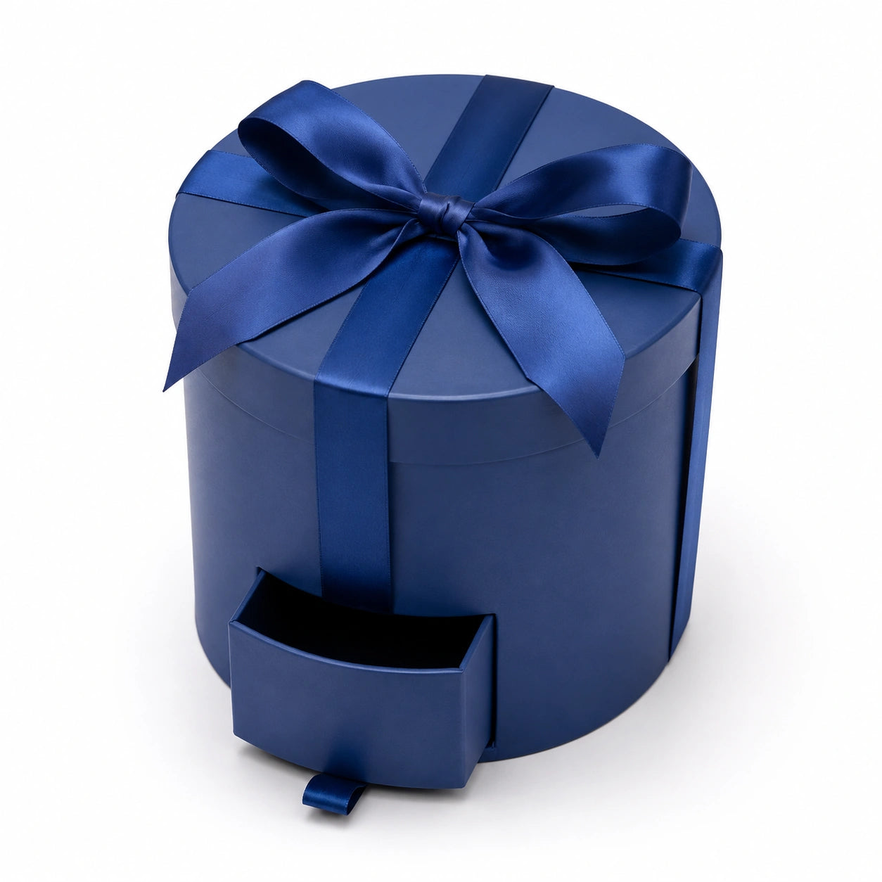 Boîte cadeau ronde 20 cm en carton bleu marine avec tiroir et ruban décoratif