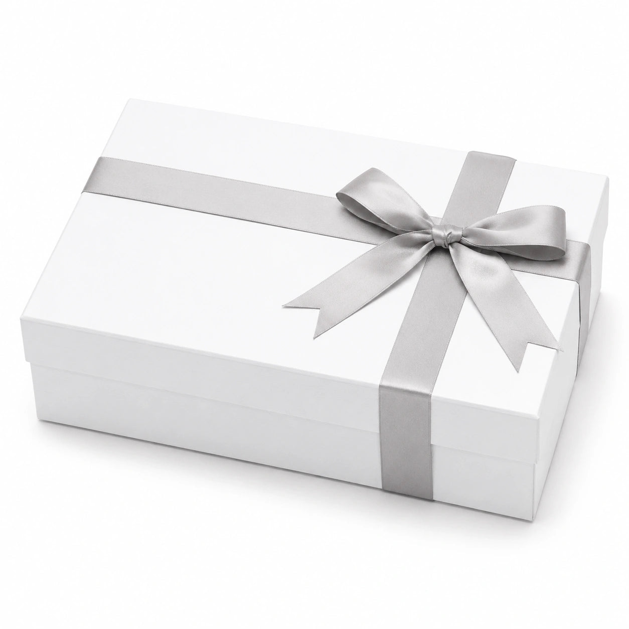 Boîte cadeau 30 x 22 x 10 cm en carton blanc et argenté avec ruban satiné