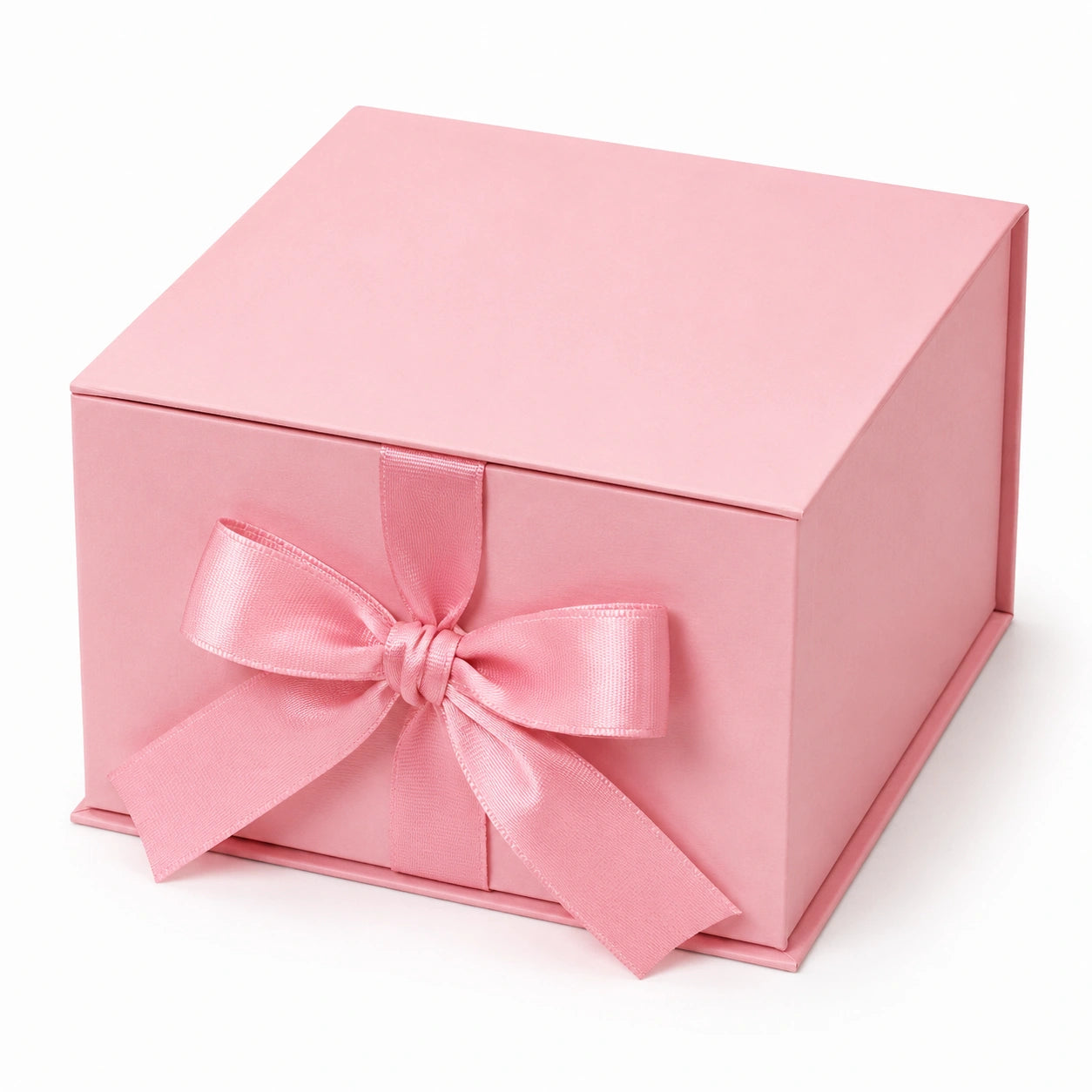 Boîte cadeau carrée 20 x 20 x 20 cm en carton rose avec ruban en satin fermeture à nœud