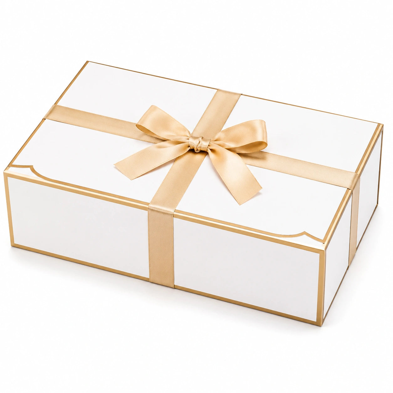Boîte cadeau rectangulaire 30 x 20 x 10 cm en carton blanc et doré avec ruban décoratif