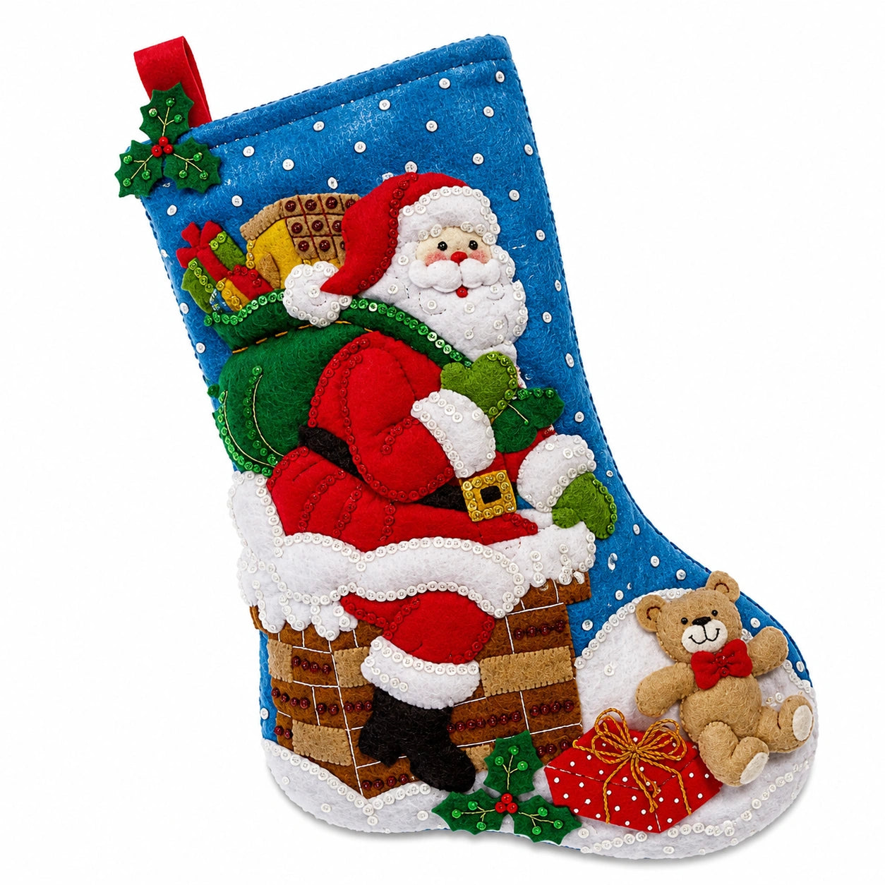 Chaussette de Noël 45 cm en feutre bleu décorative à suspendre