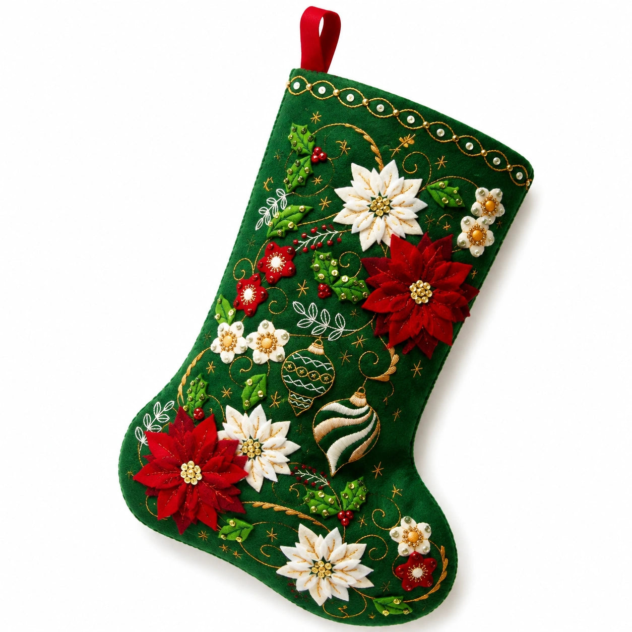 Chaussette de Noël 45 cm en feutre vert décor floral brodé à suspendre