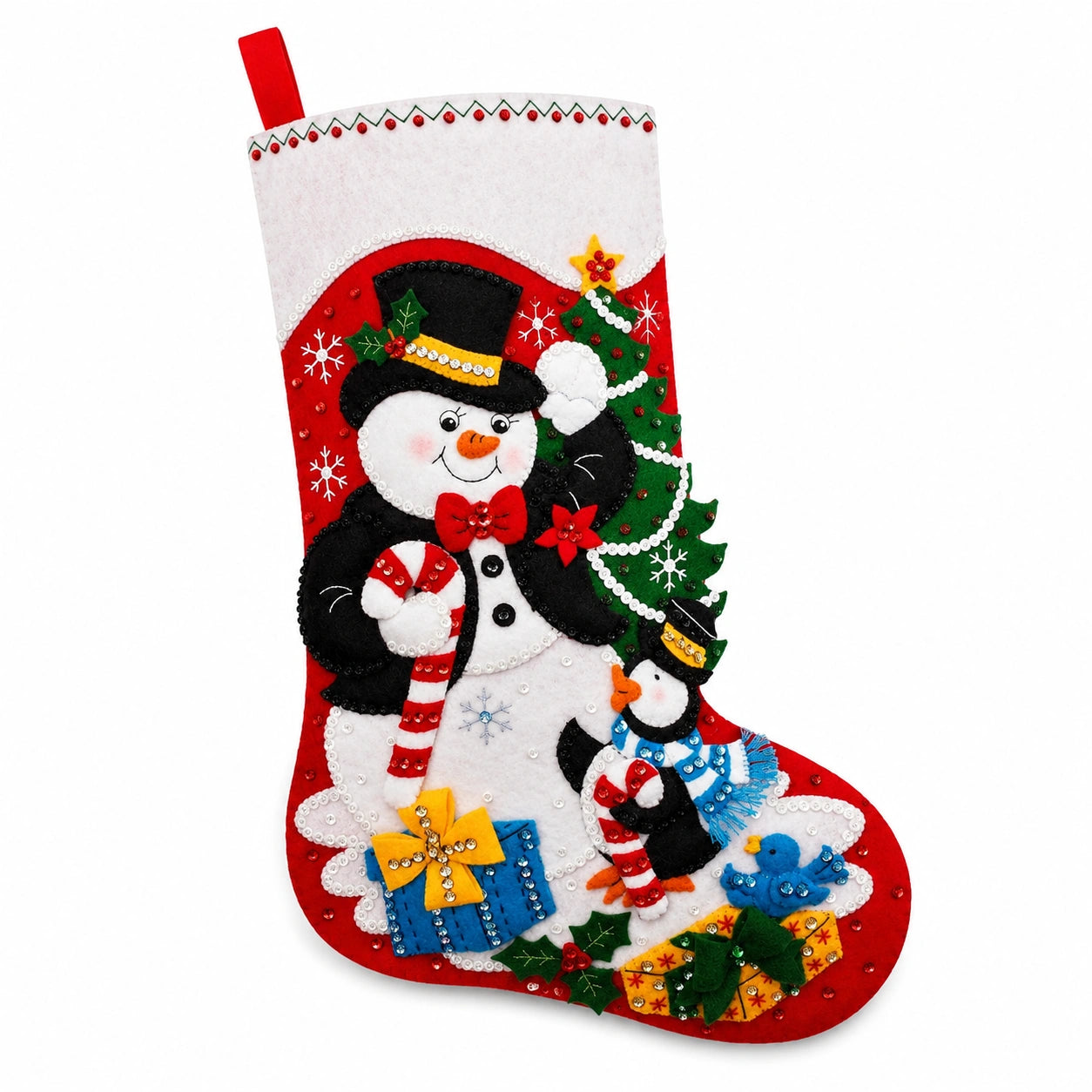 Chaussette de Noël 45 cm en feutre rouge à suspendre motif bonhomme de neige