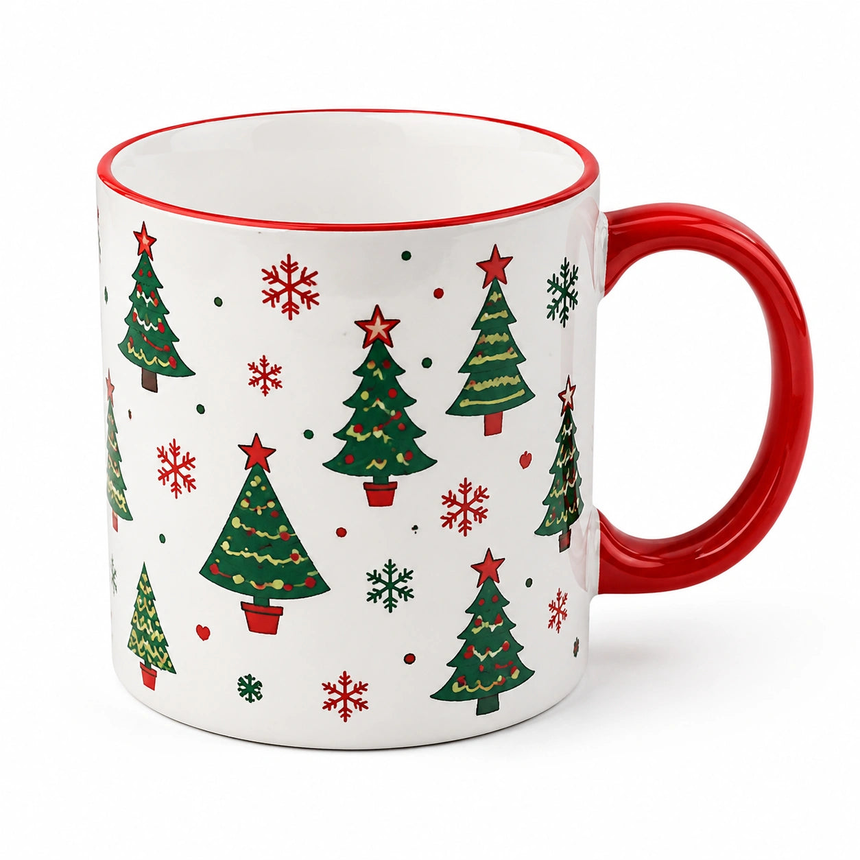 Mug en céramique 350 ml blanc rouge à motifs de sapins avec poignée ronde style Noël