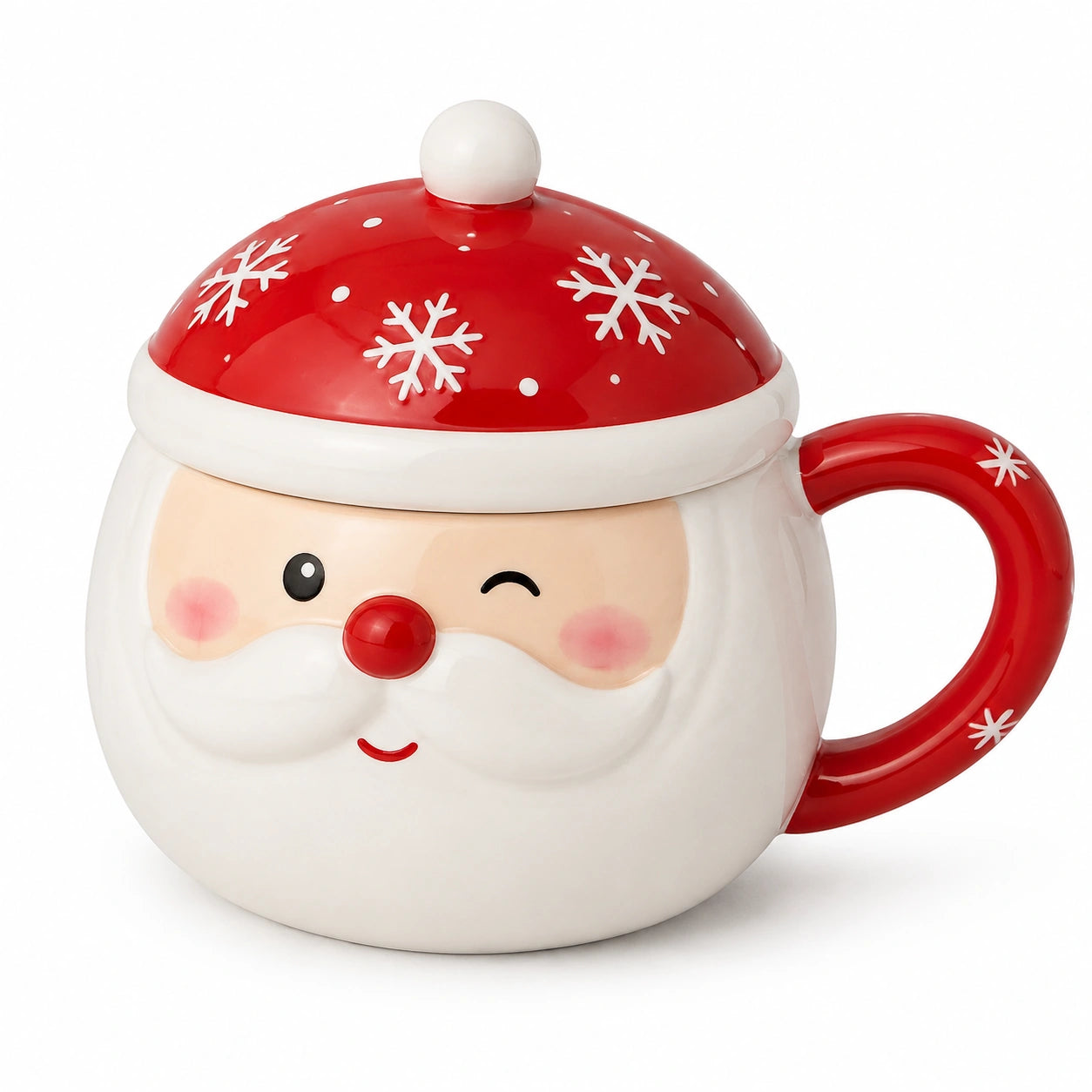 Tasse avec couvercle 14 cm en céramique rouge et blanche motif flocons