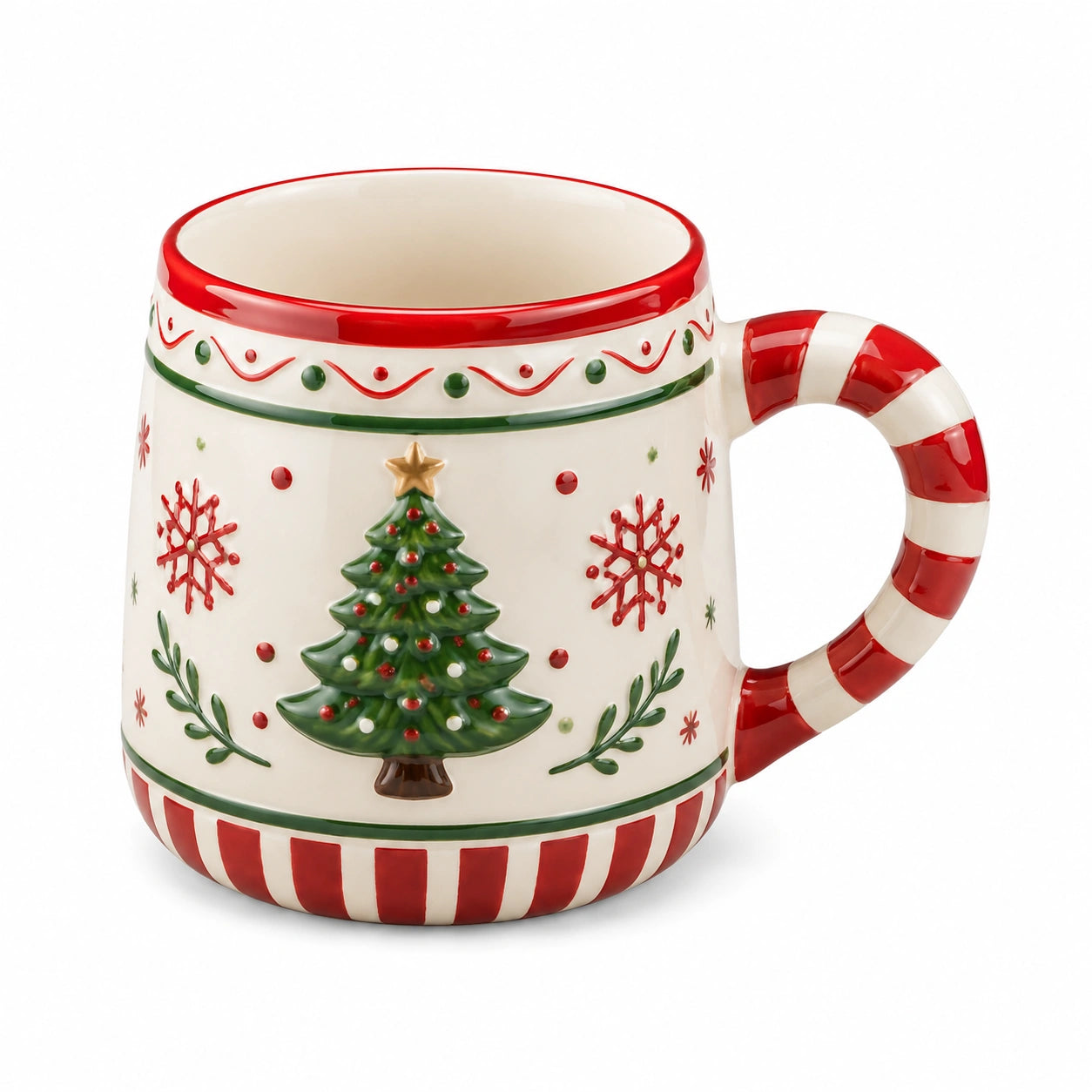 Tasse 0.50 L en céramique rouge vert ivoire motif sapin style festif