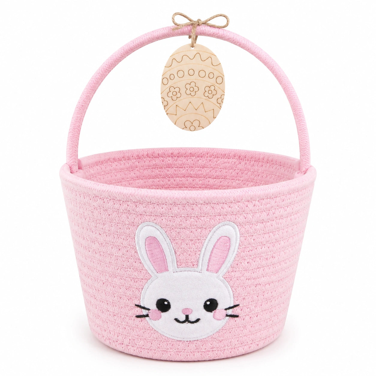 Panier de Pâques rond 20 cm en coton rose avec anse motif lapin