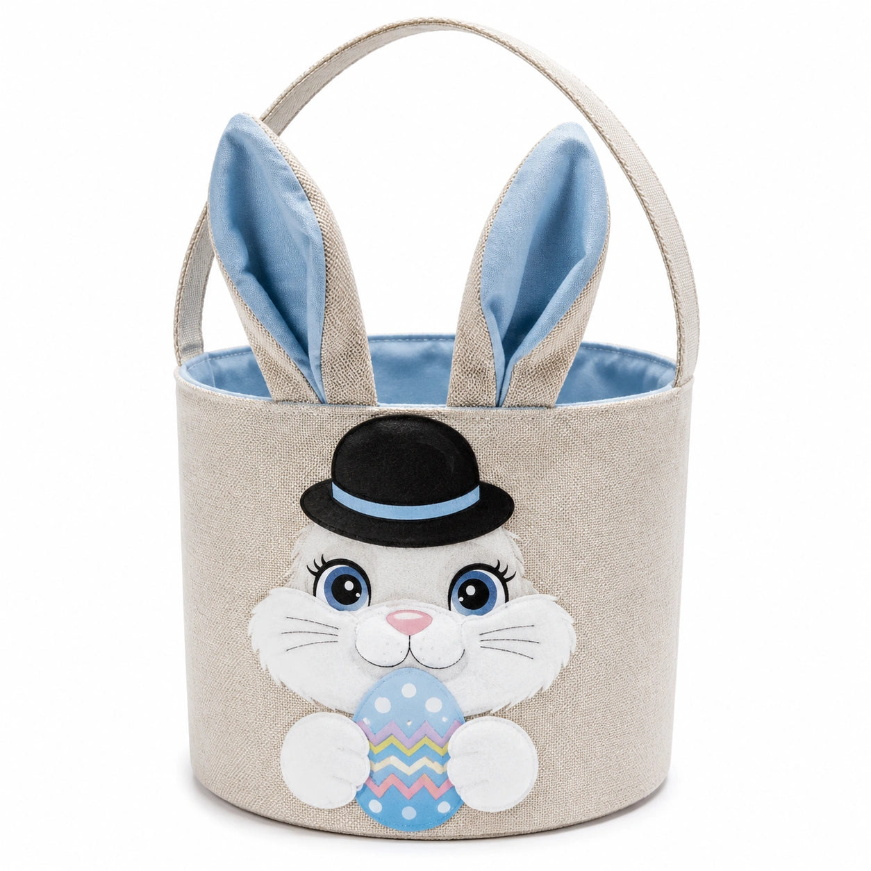 Panier de rangement 25 cm en textile beige bleu à motif lapin avec poignée style enfant