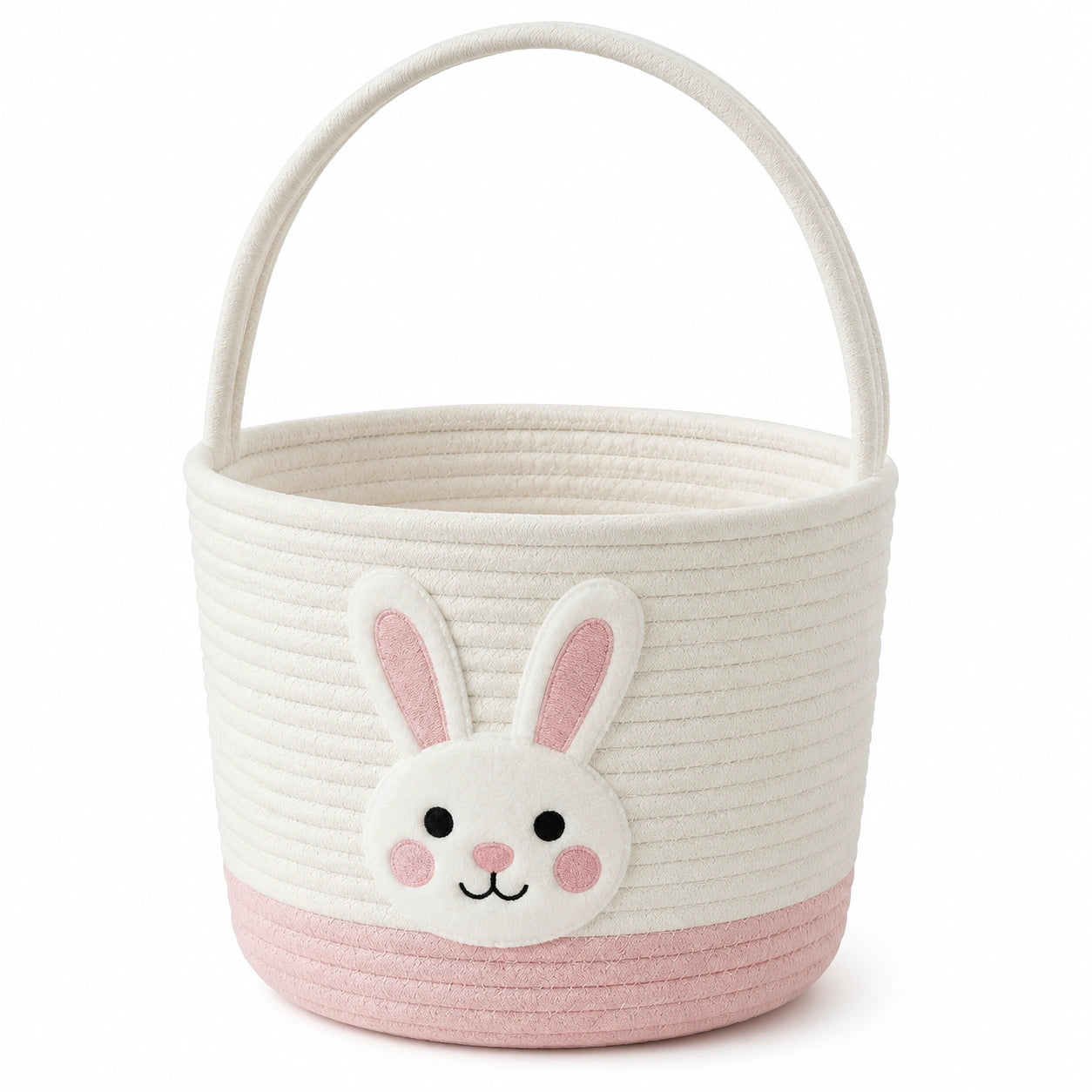 Panier de rangement rond 30 x 25 cm en coton blanc et rose avec anse motif lapin