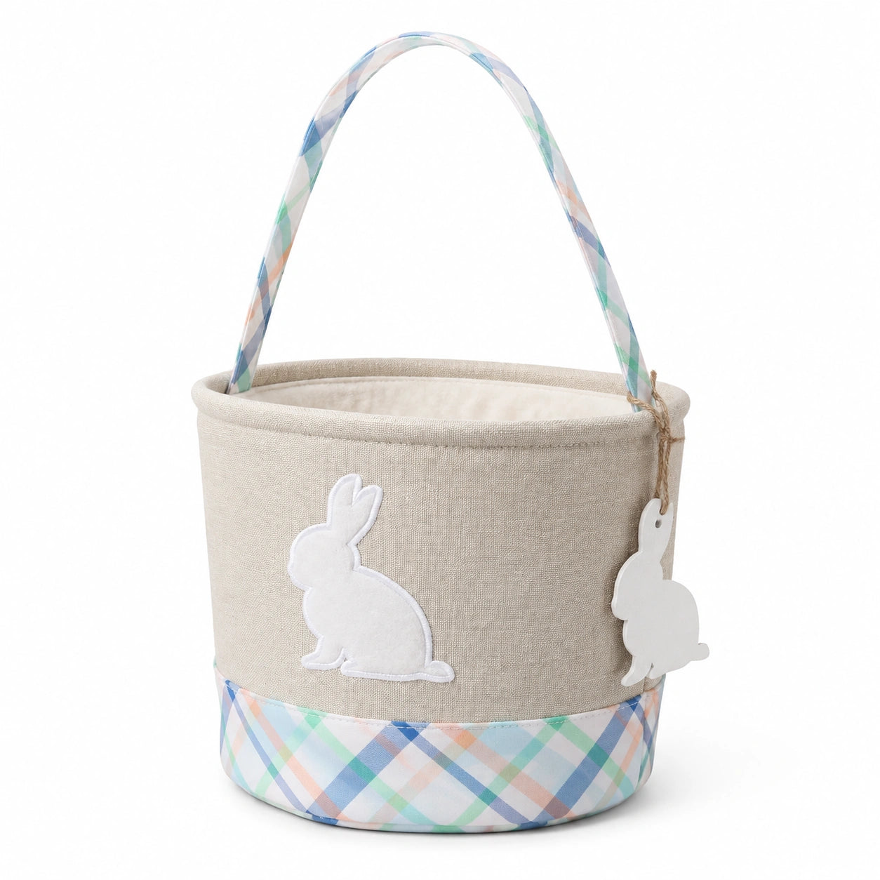 Panier de rangement rond 25 x 20 cm en tissu beige motif lapin avec anse