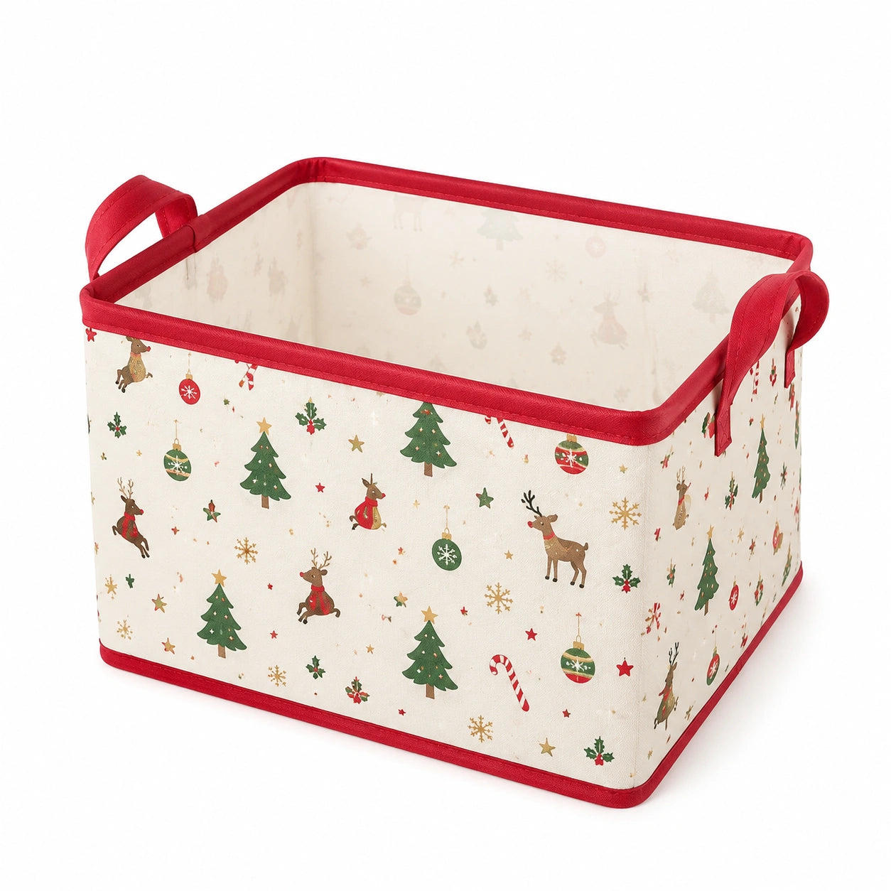 Panier de rangement 38 x 26 x 25 cm en tissu beige et rouge à motif de Noël avec poignées