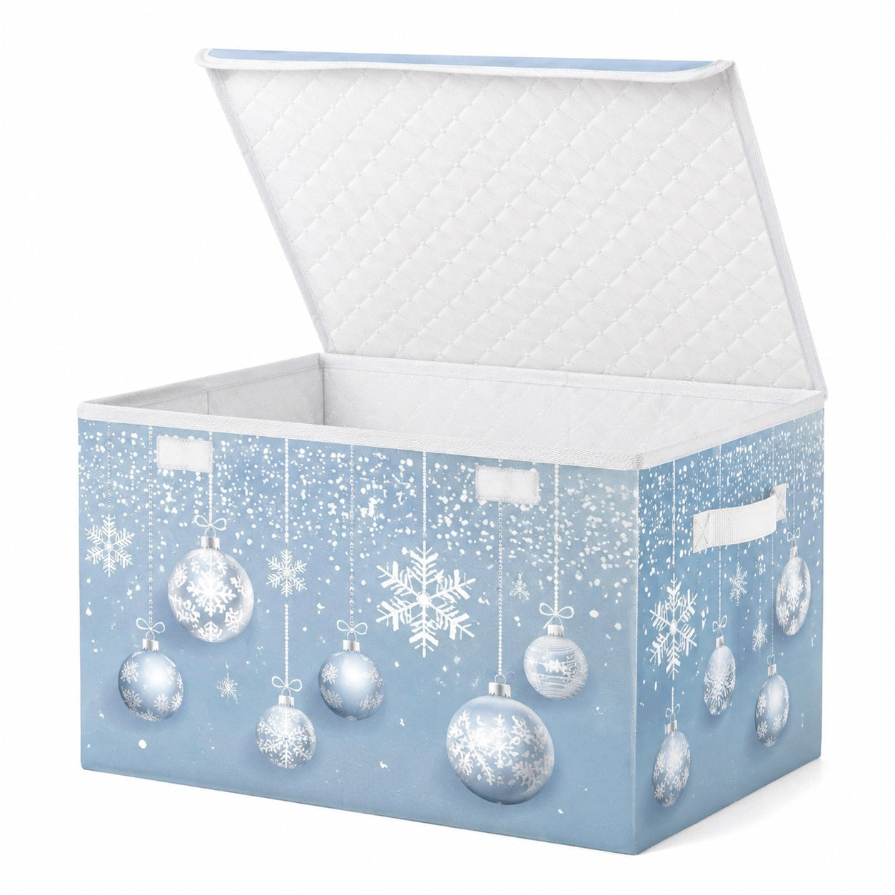 Boîte de rangement 50 x 40 x 30 cm en tissu bleu et blanc à couvercle rabattable motif flocons
