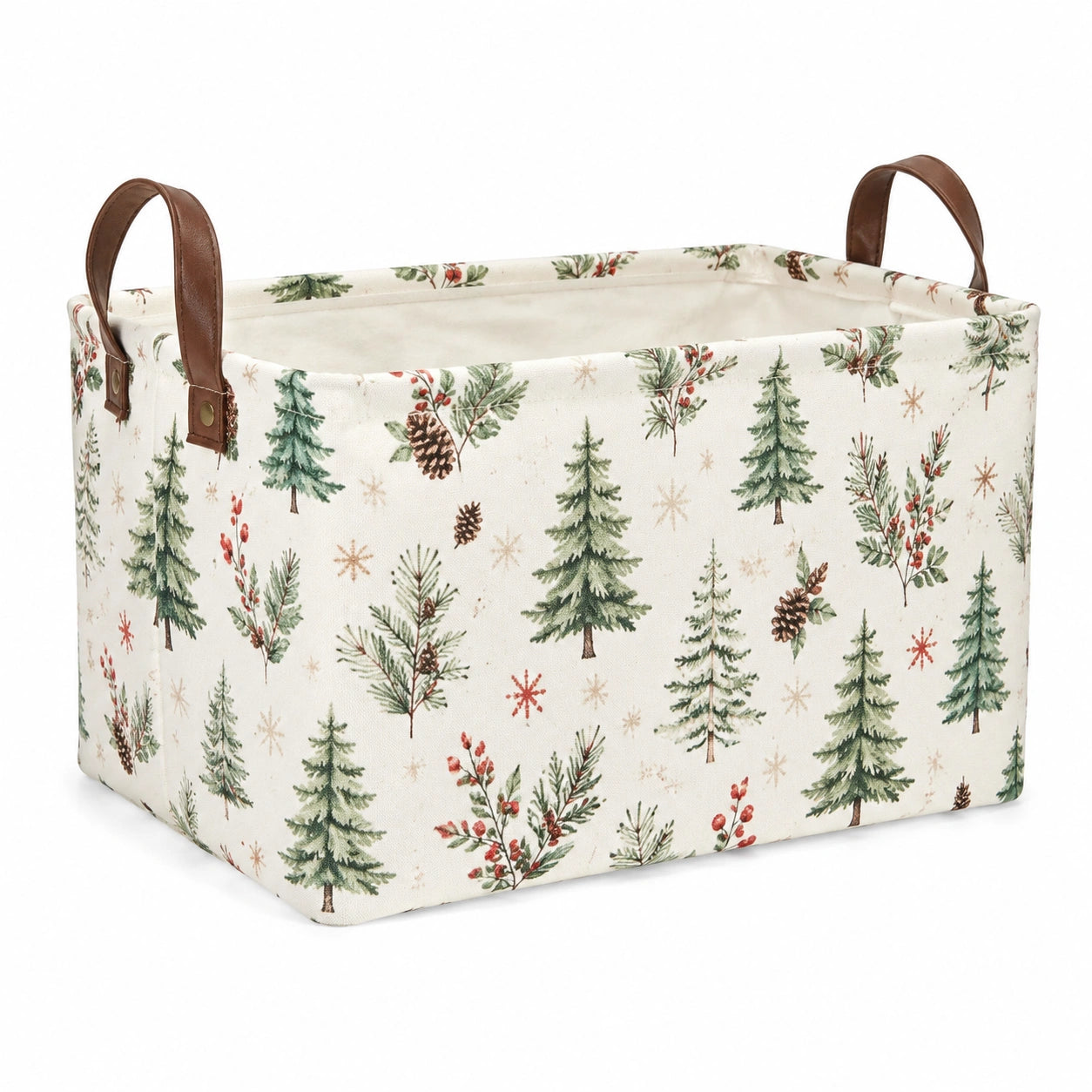 Panier de rangement 40 x 30 x 30 cm en tissu blanc motif sapins avec poignées style hivernal