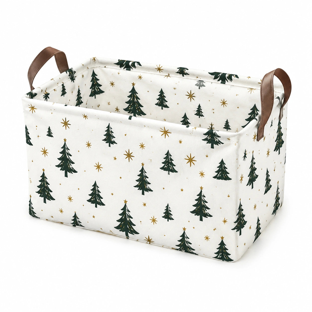 Panier de rangement 38 x 28 x 25 cm en tissu blanc vert et doré avec poignées style festif
