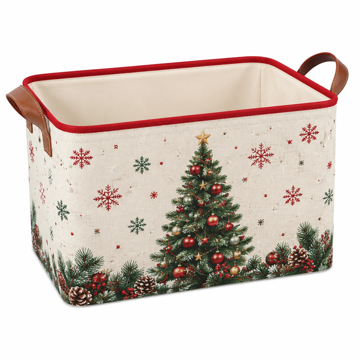 Panier de rangement 40 x 30 x 30 cm en toile beige motif sapin avec poignées style Noël