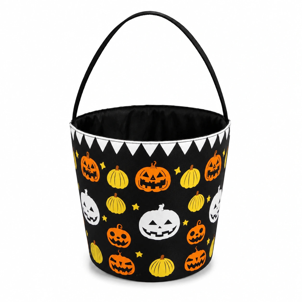 Panier de collecte rond 25 cm en tissu noir à motif citrouilles avec anse souple