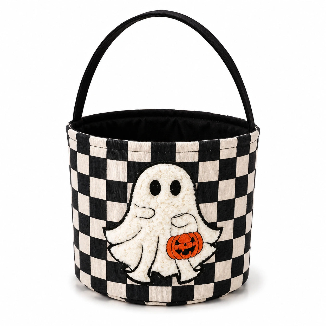 Panier de rangement rond 25 cm en tissu noir et blanc à motif fantôme avec anse style Halloween