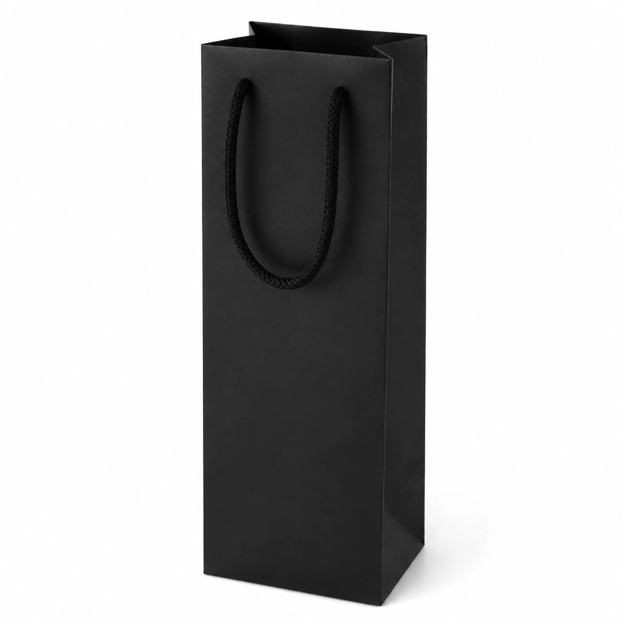 Sac cadeau 12 x 10 x 35 cm en papier noir à poignées tressées pour bouteille