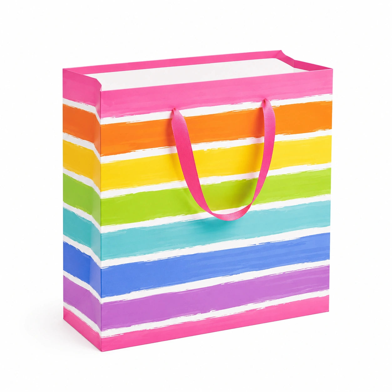 Sac cadeau 26 x 12 x 32 cm en papier multicolore à rayures avec poignées ruban