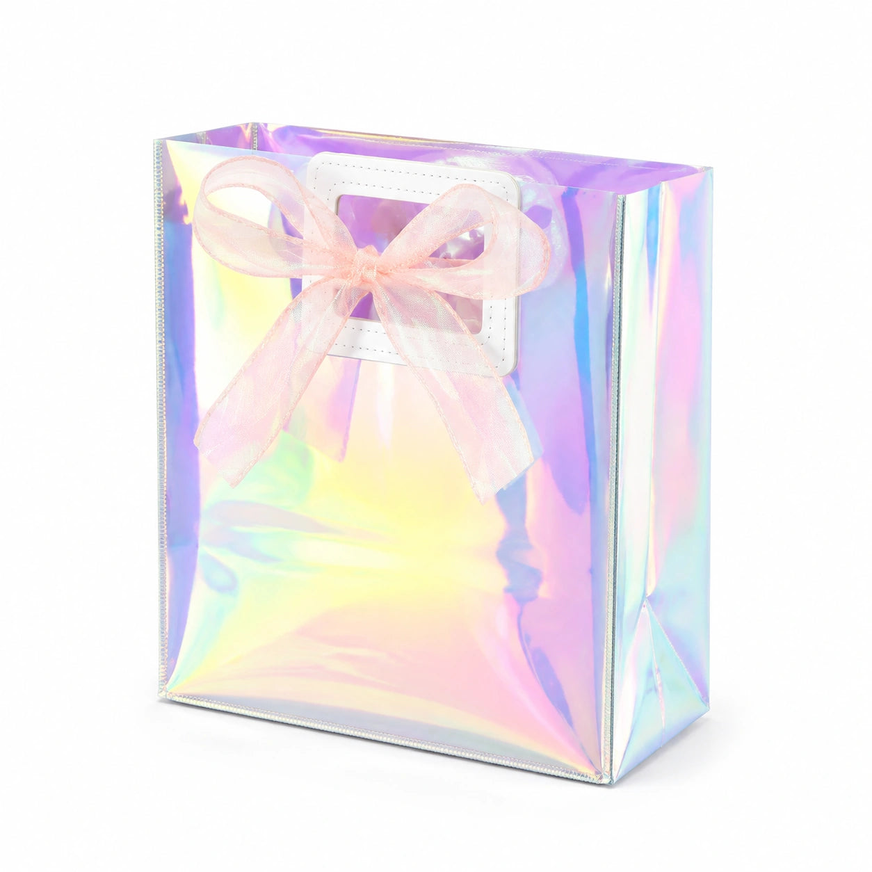 Sac cadeau 30 x 12 x 30 cm en PVC irisé avec ruban rose et poignées