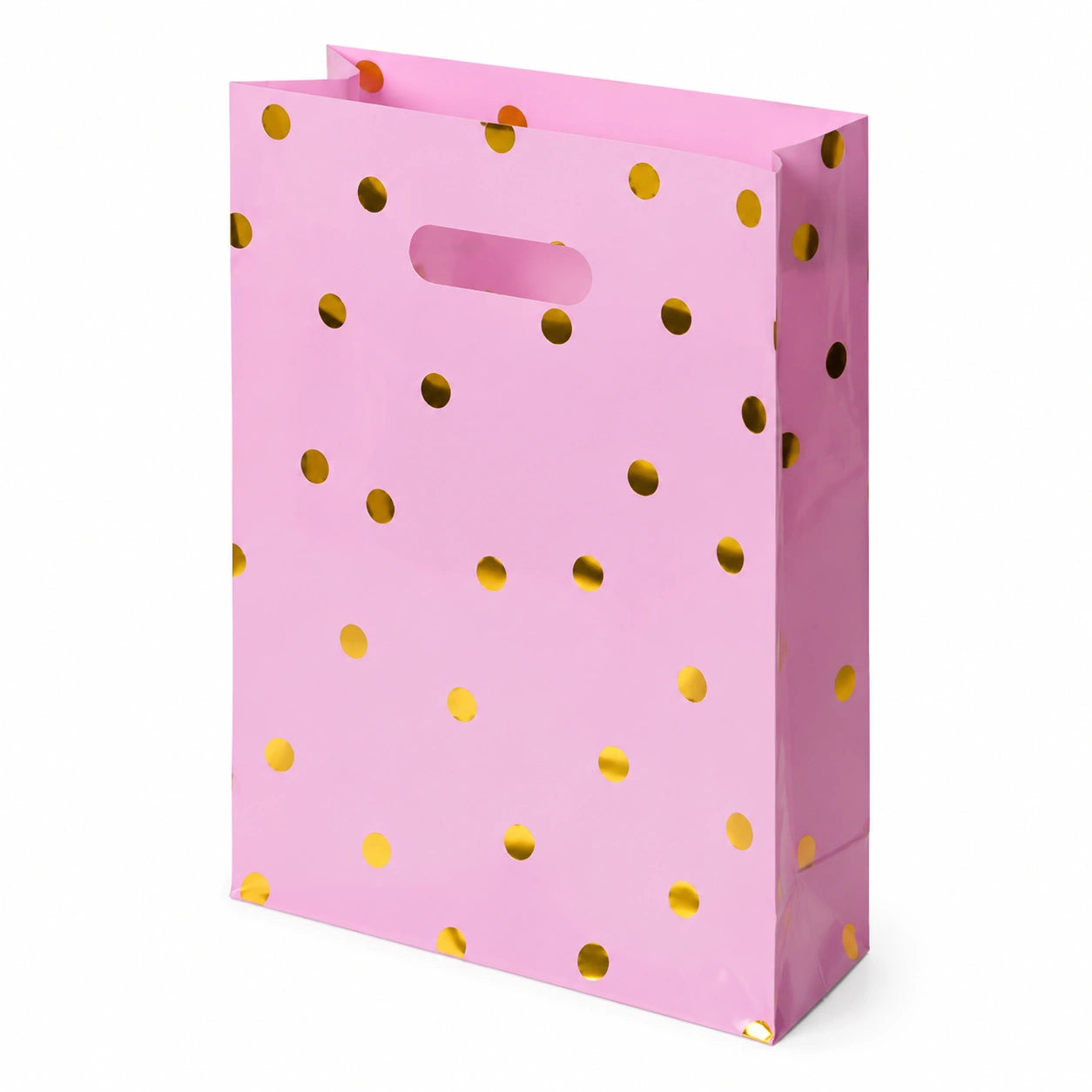 Sac cadeau 32 cm x 12 cm x 26 cm en papier rose doré à pois avec poignées découpées