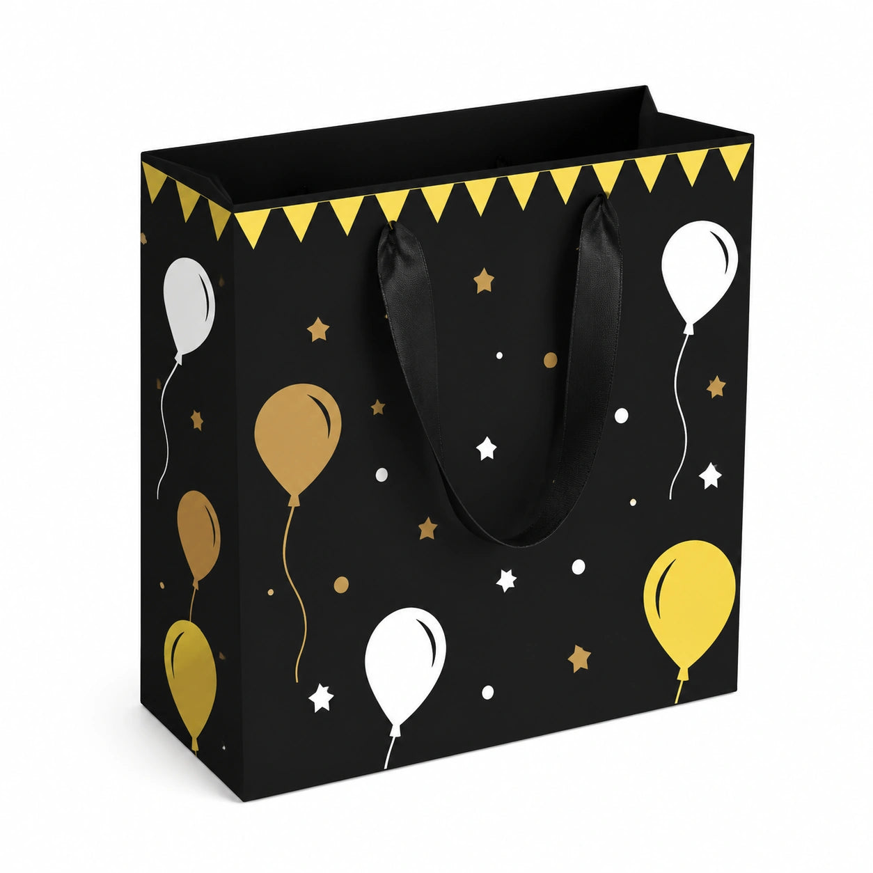 Sac cadeau 26 x 12 x 32 cm en papier noir à poignées avec motif ballons